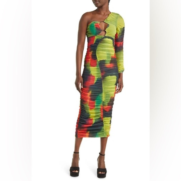 TOPSHOP One Shoulder Cutout Ruched Mesh Bodycon Midi Dress Tie Dye Multicolor 8 - Picture 5 of 10